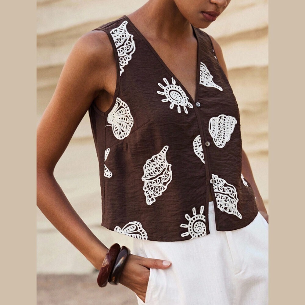 Brown Seashell Embroidered V Neck Button Front Sleeveless Vest Top